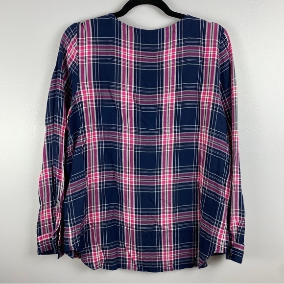 G.H. Bass Coastal Nautical Plaid Long Sleeve Lace Up Neck Blouse Large Blue Pink - Picture 9 of 9